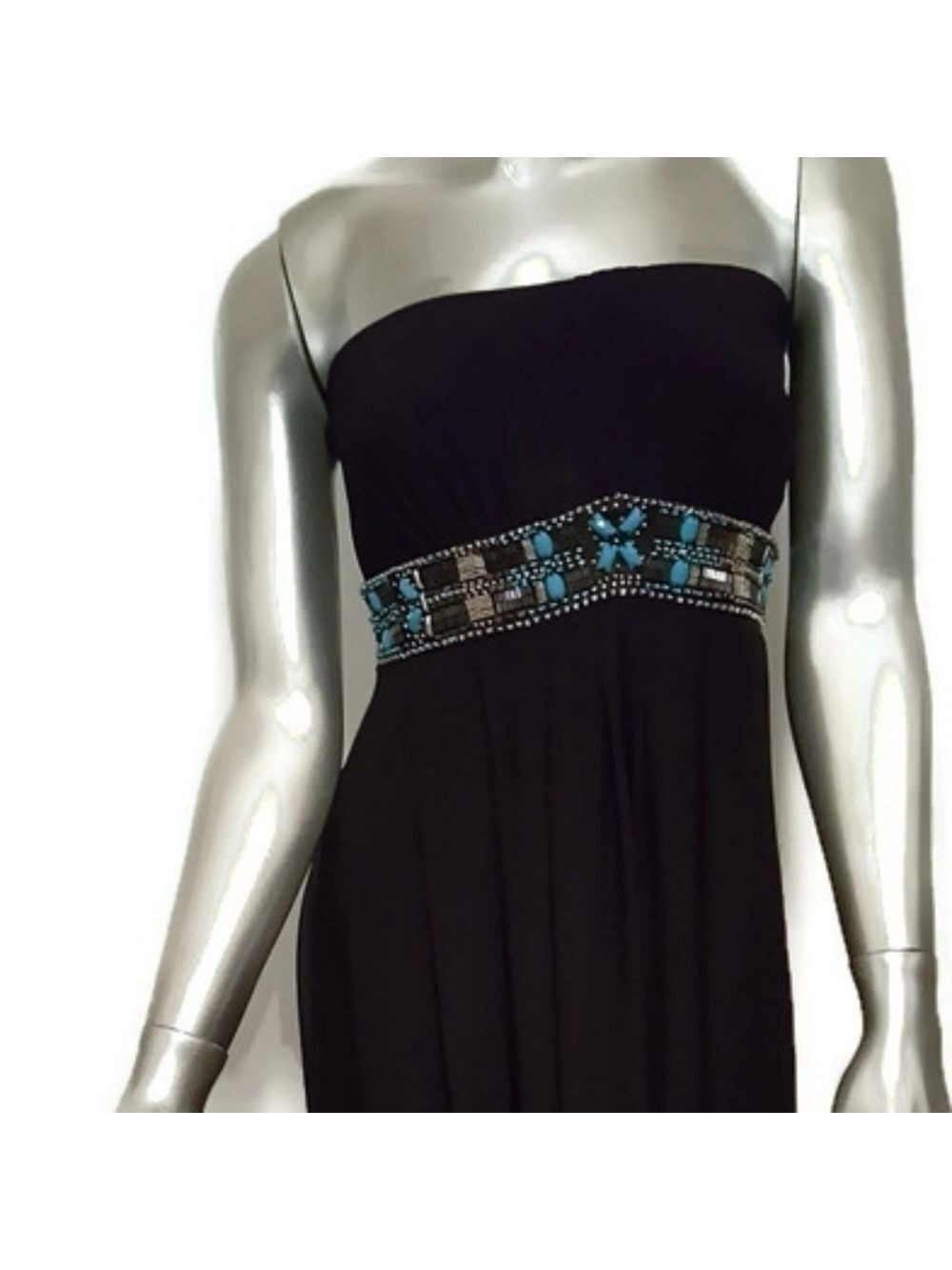 White House Black Market Strapless Dress Black Aqua Silver Size 0